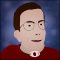 An illustration of a white man with brown hair and eyeglasses. He has a dark red sweater on and a tracheostomy in the center of his neck marked by a white oval with a hole. The background is dark purple-blue with splotches of light purple throughout. 